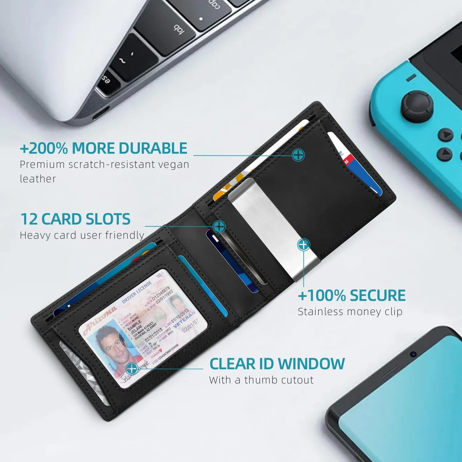 Zitahli Slim Wallet for Men Gifts 12 Card Slots ID Window With Money Clip Minimalist RFID Front Pocket Bifold Leather Small Thin Gift Box Dad Birthday Christmas Regalos Hombres